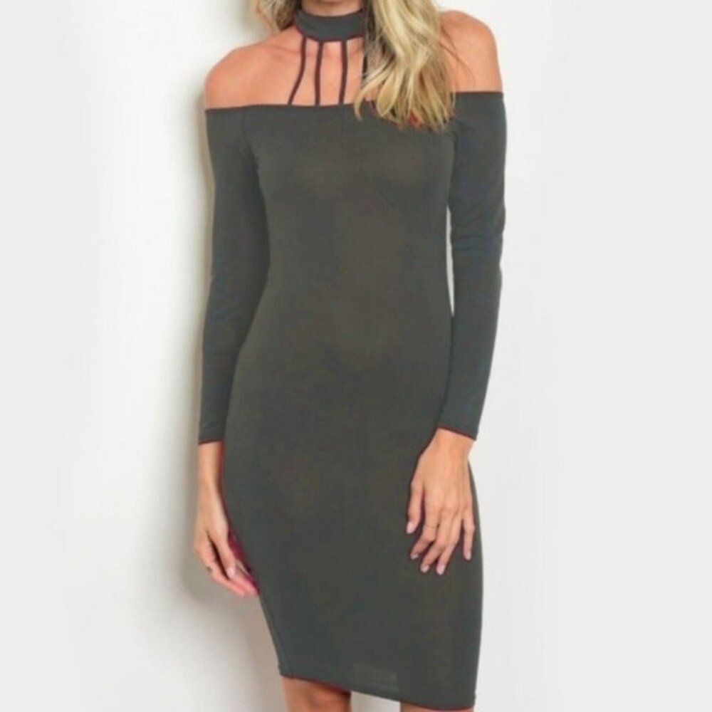 Coco Avante Olive Gray Cutout Choker Off Shoulder Bodycon Midi Dress Large NWOT